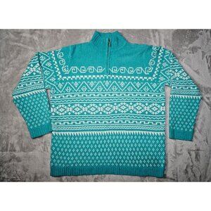 Cozy Turquoise Knit Sweater with Half-Zip & Geometric Nordic Pattern – M/L
